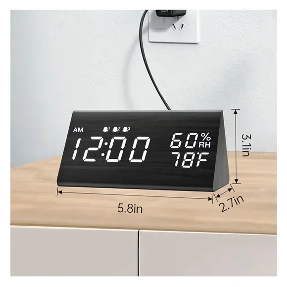 Digital Alarm Clock, with Wooden Electronic LED Time Display - Picture 2 of 7